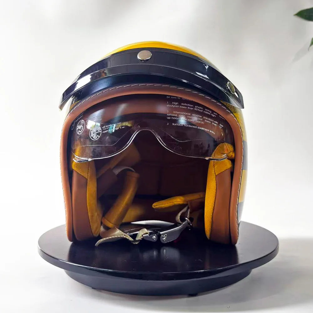 New Retro Motorcycle Helmet Yellow Bee 3/4 Shell Motorcycle Built-In Windshield with Hat Brim Vintage Style Cycling Safety Gear